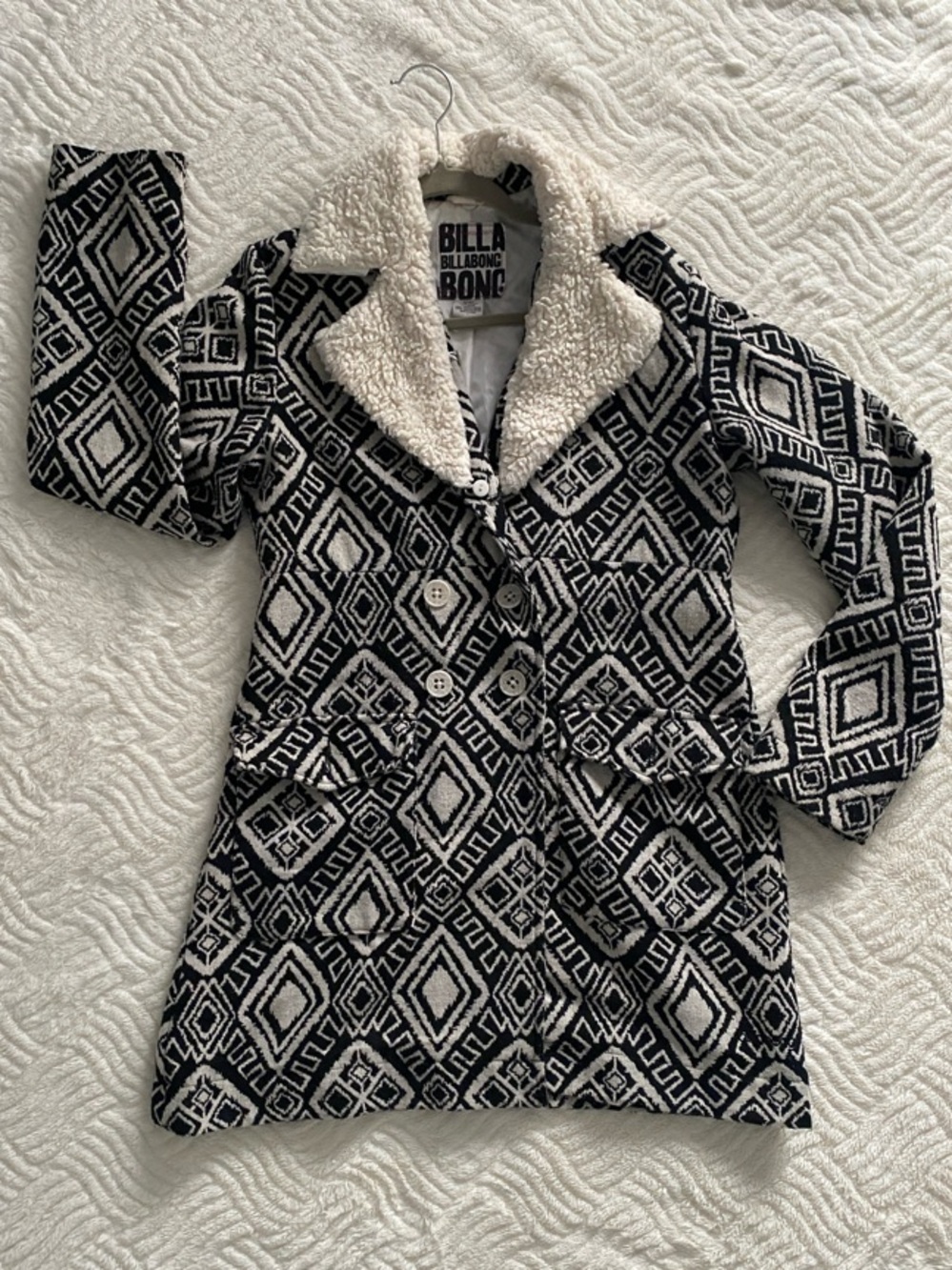Billabong Black & White Geometric Sherpa-Trim Coat